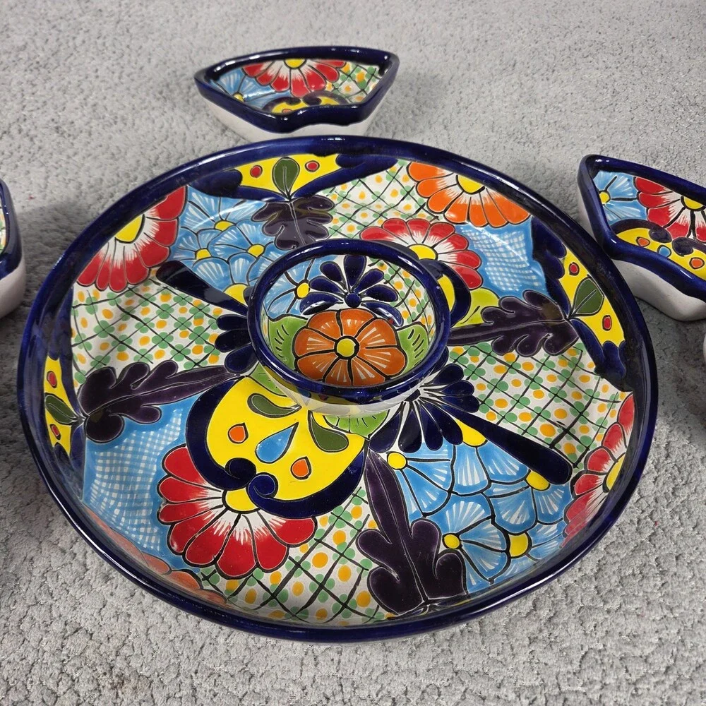 Talavera Pottery Hand Painted Appetizers Salsa Sauce Tray 12 x 1 3/4 inches
